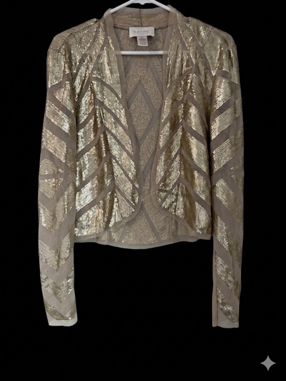 Caché Gold Sequin Mesh Open Front Cardigan Jacket Chevron Geometric Holiday S